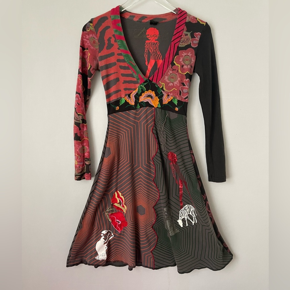 Desigual Y2K Patchwork Embroidered Screen‎ printed Dress Knit XS